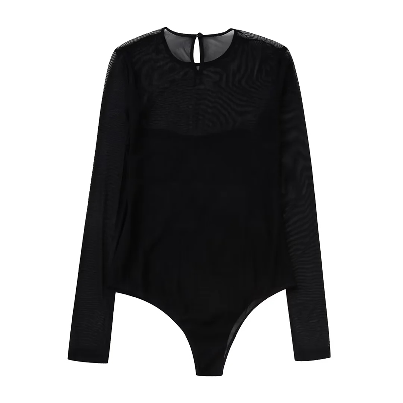 Fashion Black Woven Embroidered Mesh Bodysuit,One Pieces