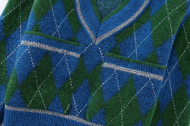 Fashion Blue Metallic Argyle Knit Sweater,Sweater