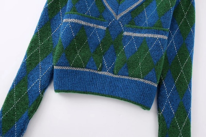 Fashion Blue Metallic Argyle Knit Sweater,Sweater