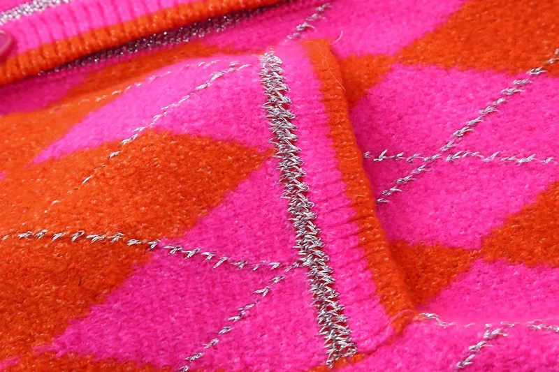 Fashion Rose Red Metallic Argyle Button-down Cardigan,Sweater