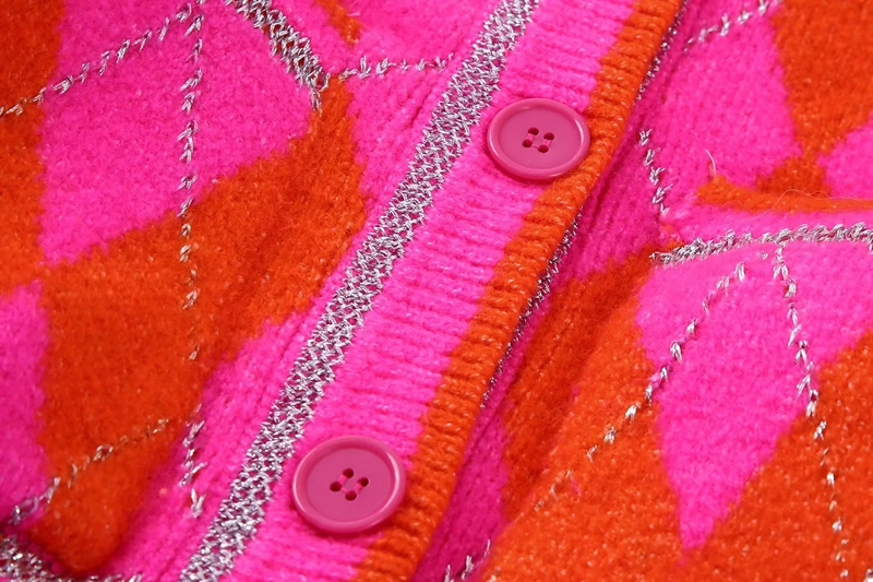 Fashion Rose Red Metallic Argyle Button-down Cardigan,Sweater