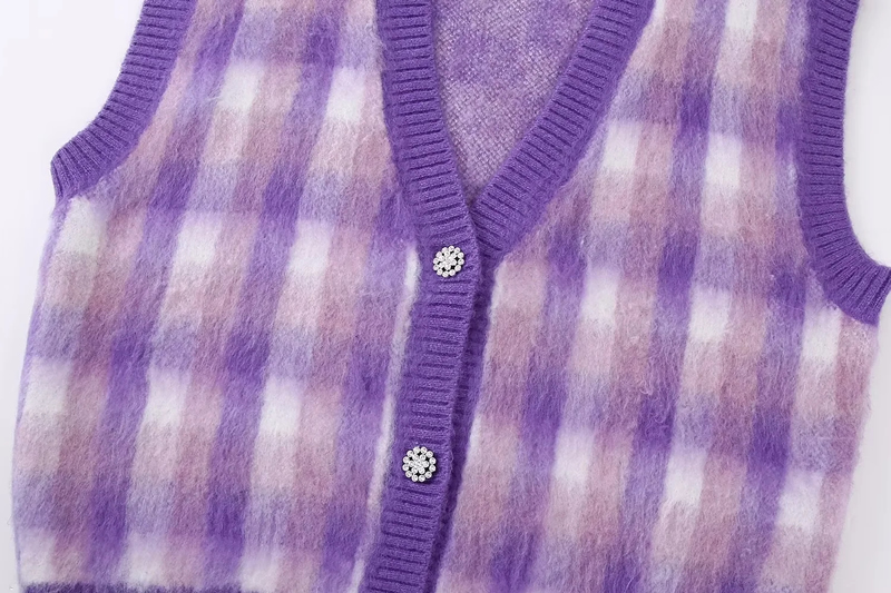 Fashion Purple Wool Knit Check V-neck Vest,Sweater