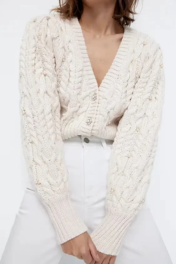 Fashion White Wool Knit Puff Sleeve V-neck Cardigan,Sweater