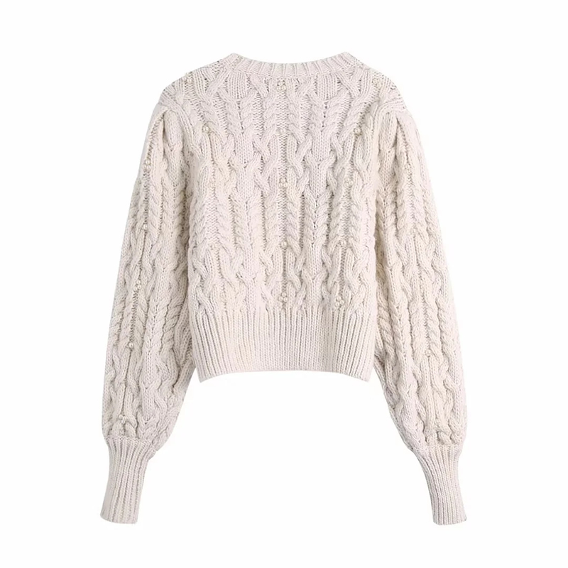 Fashion White Wool Knit Puff Sleeve V-neck Cardigan,Sweater