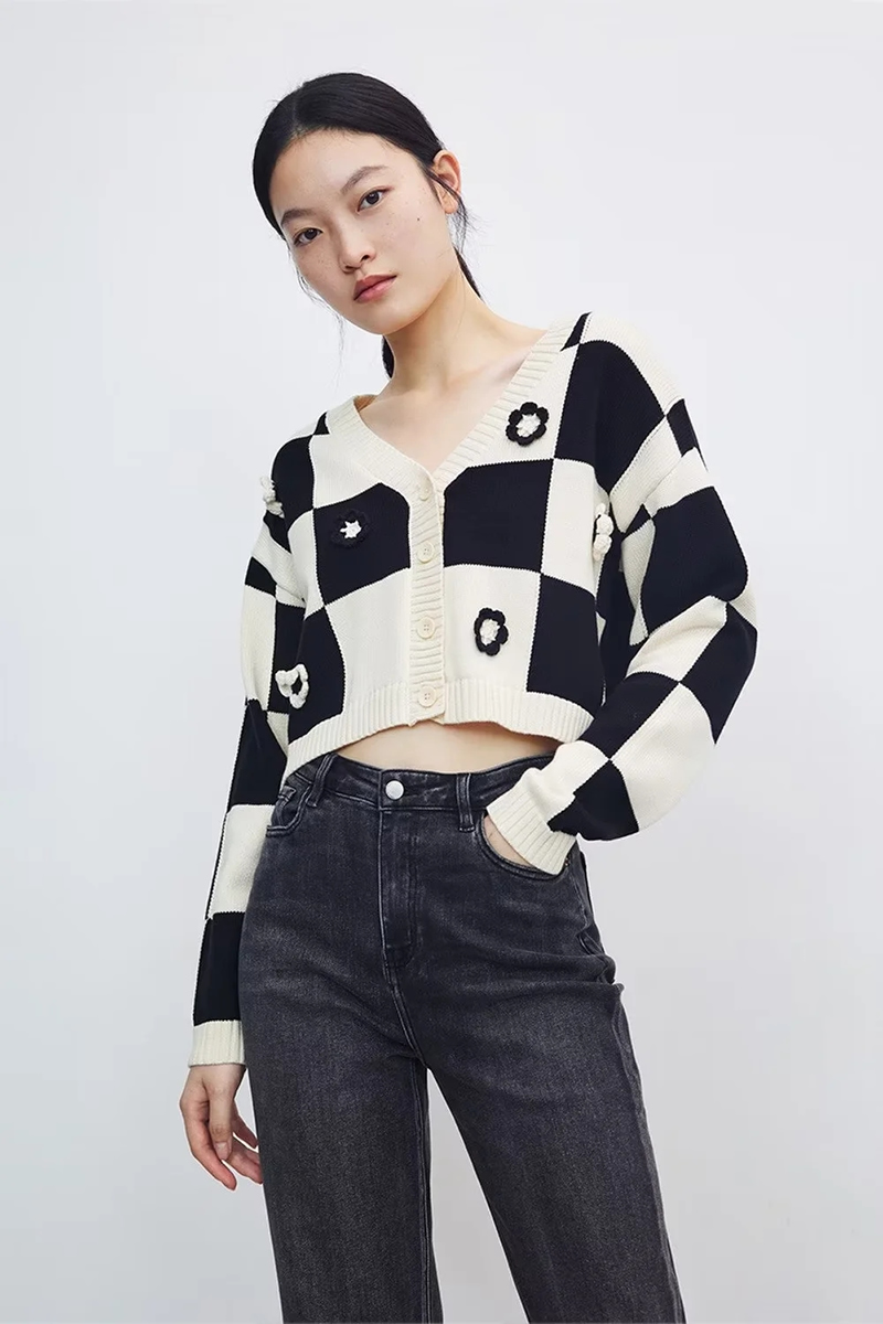 Fashion Black And White Knit Check Floral Cardigan Jacket,Sweater