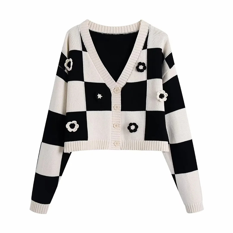 Fashion Black And White Knit Check Floral Cardigan Jacket,Sweater