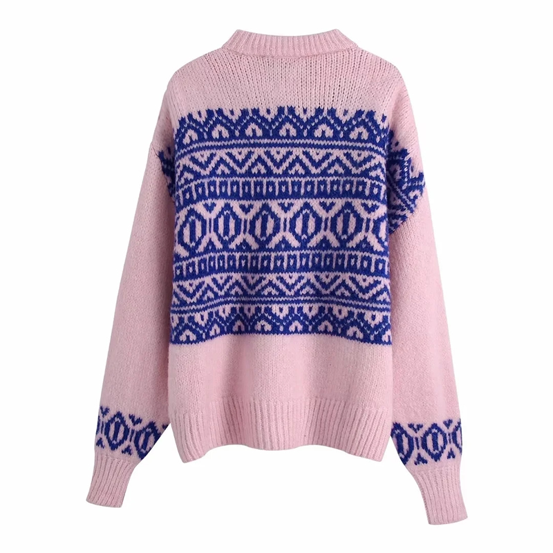 Fashion Pink + Navy Blue Jacquard-knit Crewneck Sweater,Sweater