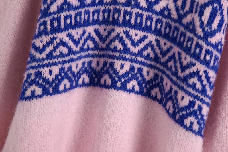 Fashion Pink + Navy Blue Jacquard-knit Crewneck Sweater,Sweater