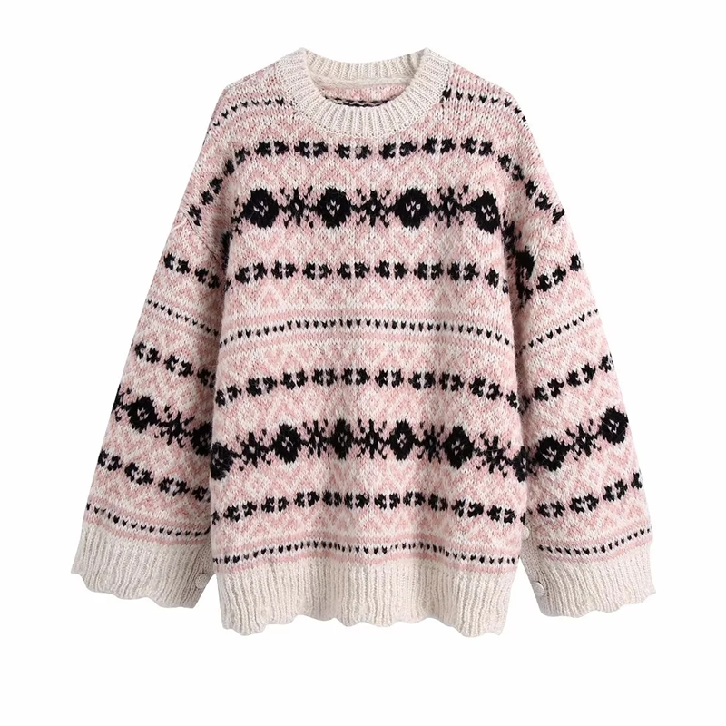 Fashion Pink Jacquard-knit Crewneck Sweater,Sweater