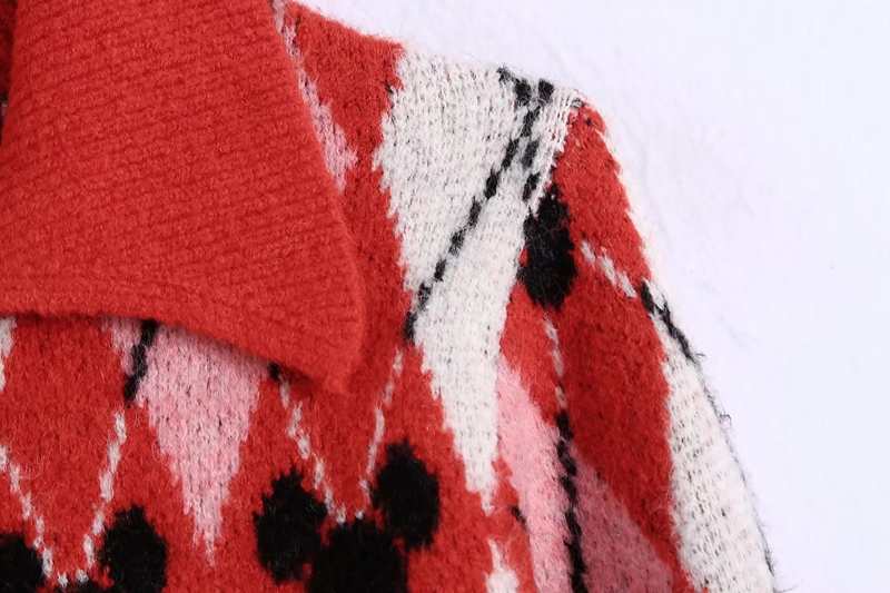 Fashion Red Argyle Jacquard-knit Button-down Jacket,Sweater