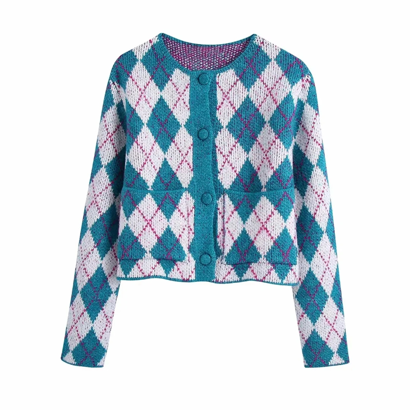 Fashion Blue Argyle Jacquard-knit Cardigan Jacket,Sweater