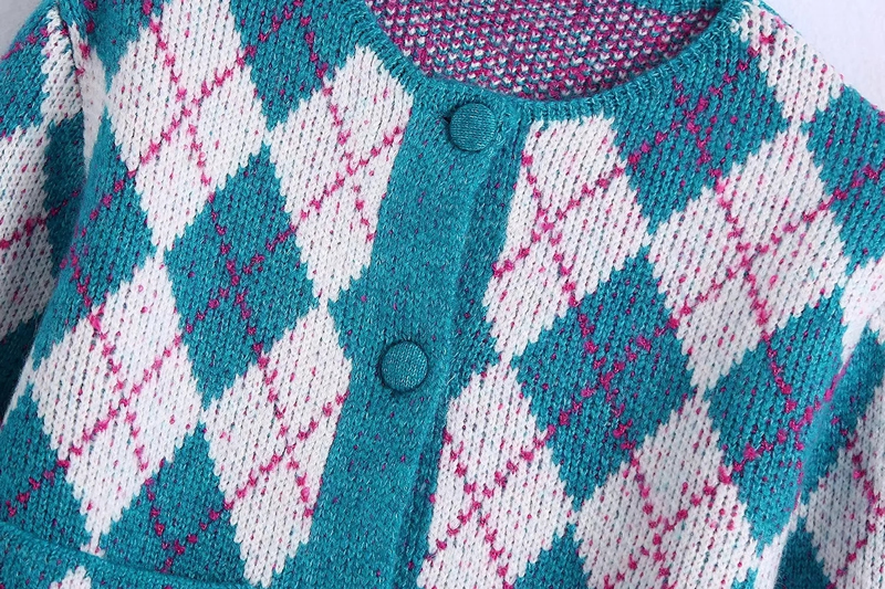 Fashion Blue Argyle Jacquard-knit Cardigan Jacket,Sweater