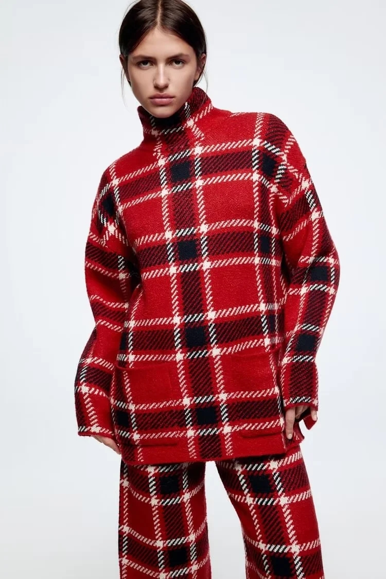 Fashion Red Checked Knit Turtleneck Sweater,Sweater