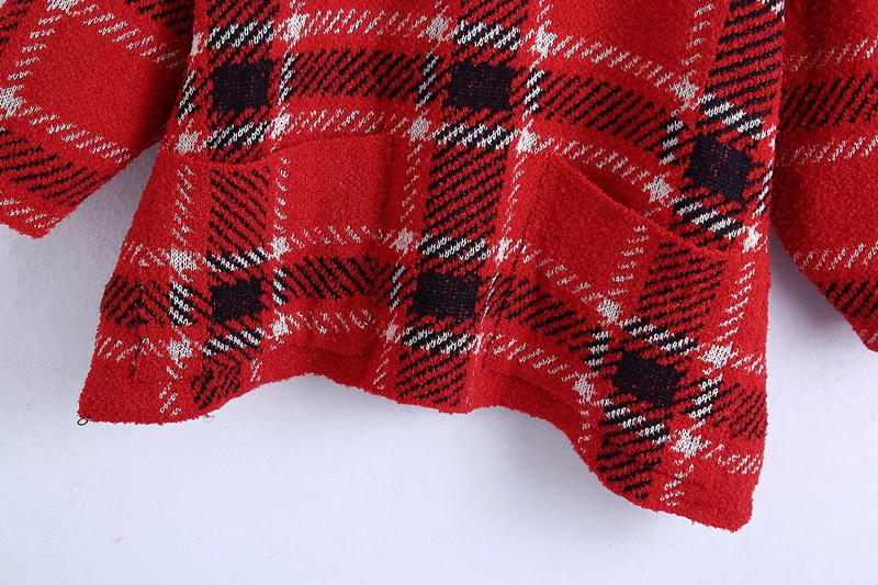 Fashion Red Checked Knit Turtleneck Sweater,Sweater