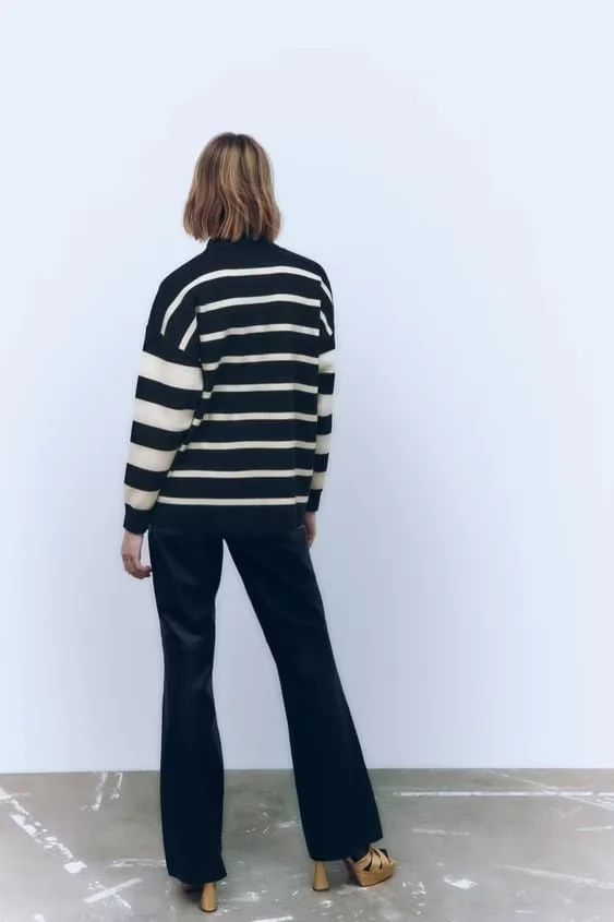 Fashion Black And White Striped Lapel Sweater,Sweater