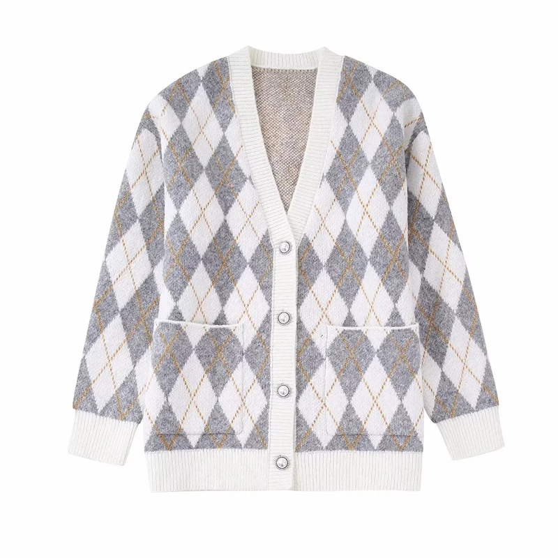 Fashion Grey Wool-knit Diamond-breasted Cardigan Jacket,Sweater