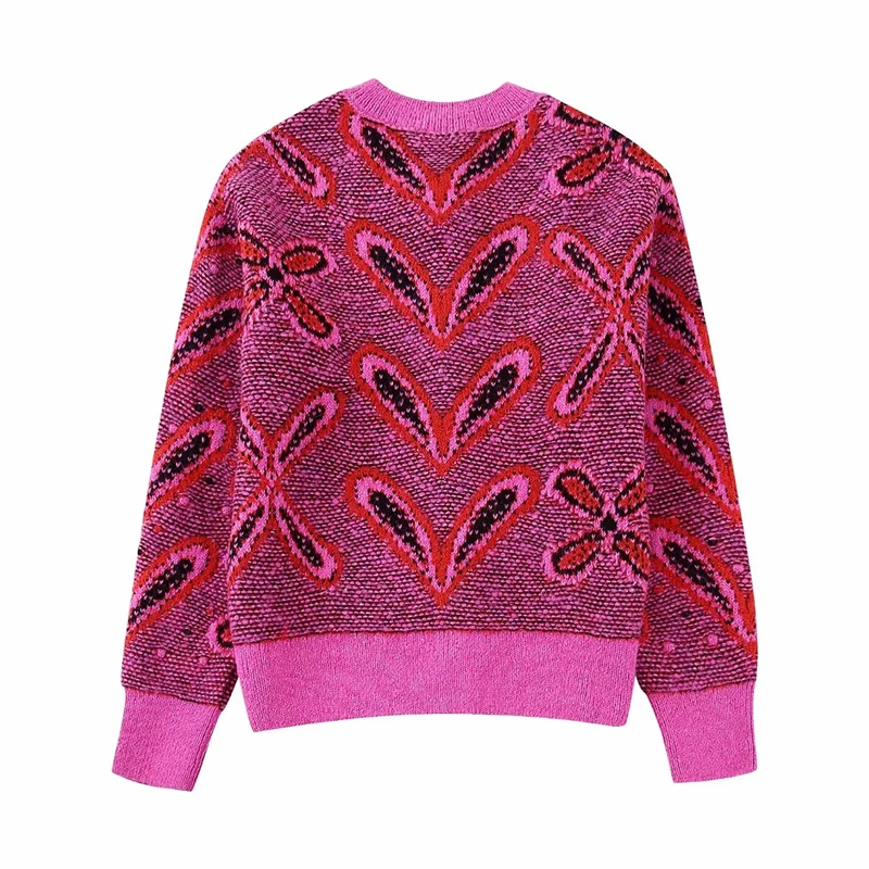Fashion Rose Red Wool-knit Jacquard-breasted Cardigan Jacket,Sweater