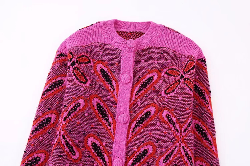 Fashion Rose Red Wool-knit Jacquard-breasted Cardigan Jacket,Sweater