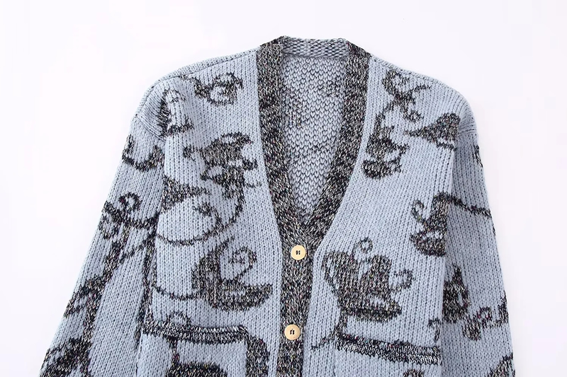 Fashion Blue Wool-knit Jacquard-breasted Cardigan Jacket,Sweater