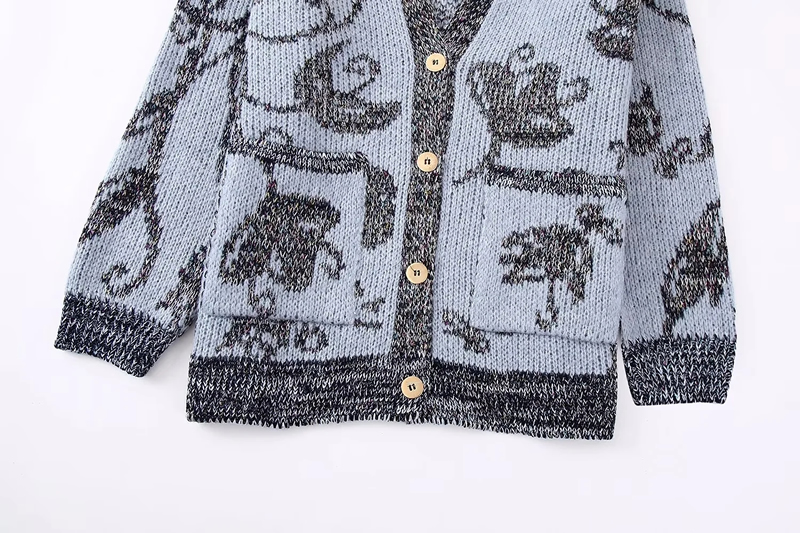 Fashion Blue Wool-knit Jacquard-breasted Cardigan Jacket,Sweater