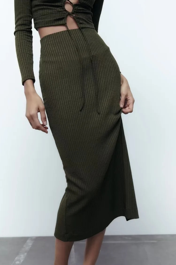 Fashion Dark Green Ribbed Skirt,Skirts