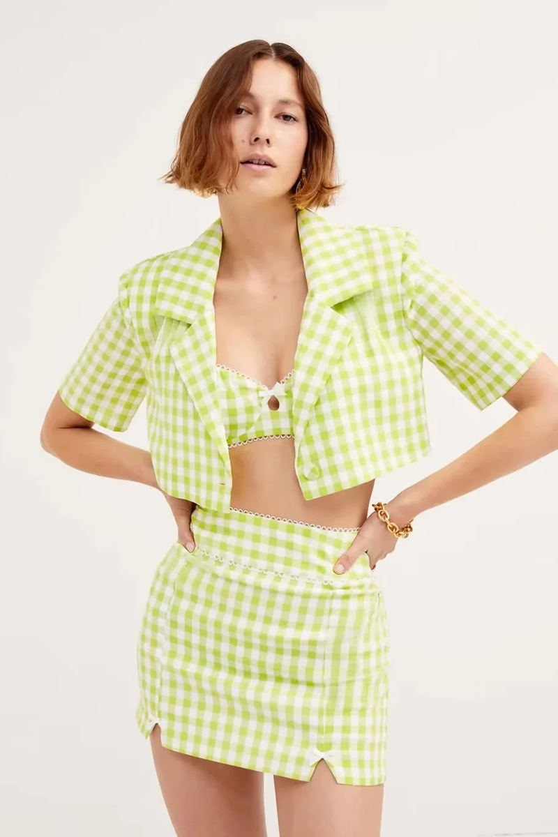 Fashion Green Plaid Cotton Check Slit Skirt,Skirts