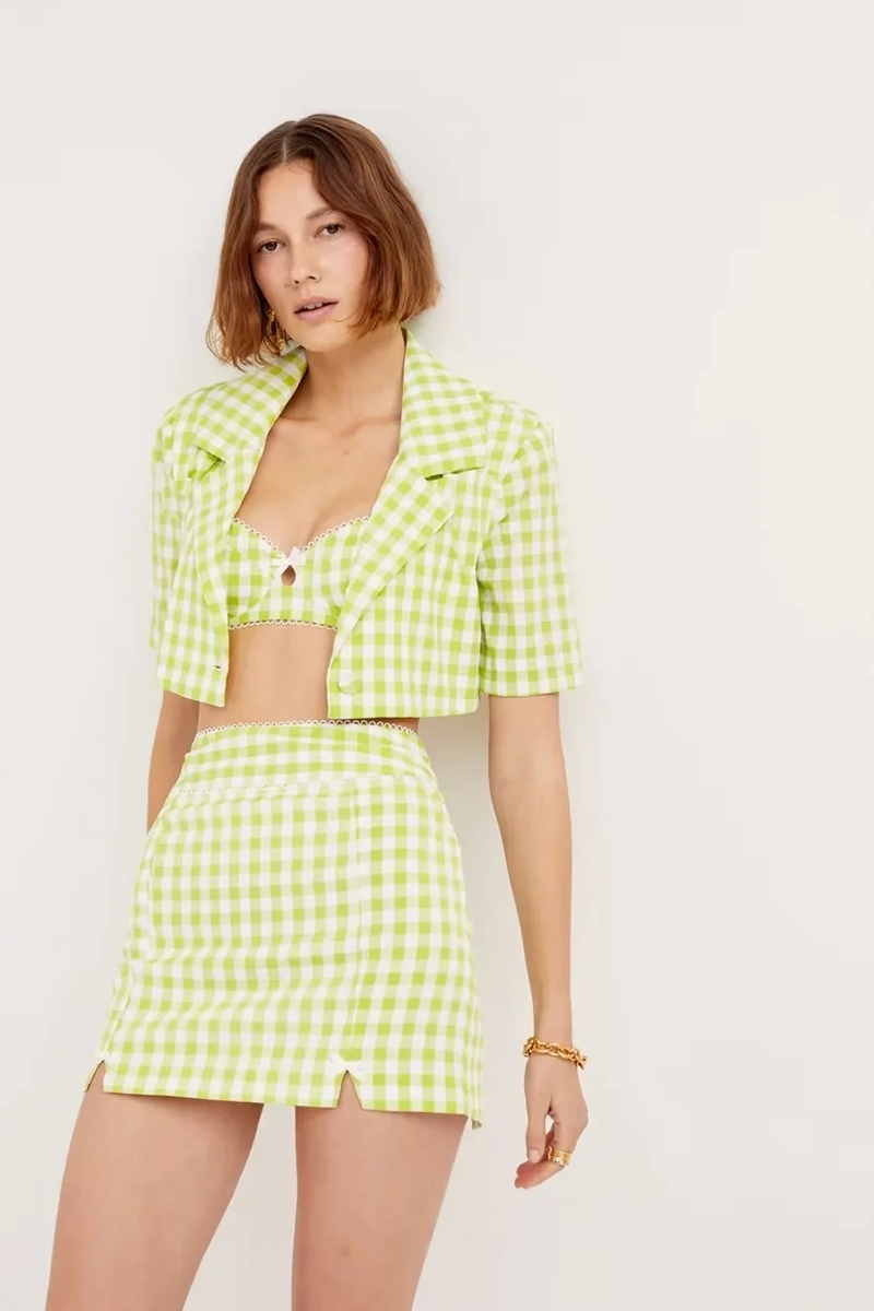 Fashion Green Plaid Cotton Check Slit Skirt,Skirts