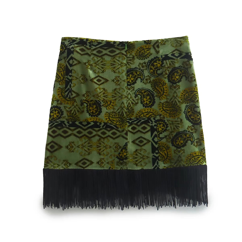 Fashion Green Polyester Printed Fringed Pleated Skirt,Skirts