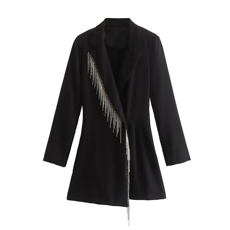 Fashion Black Shiny Fringed Blazer,Coat-Jacket
