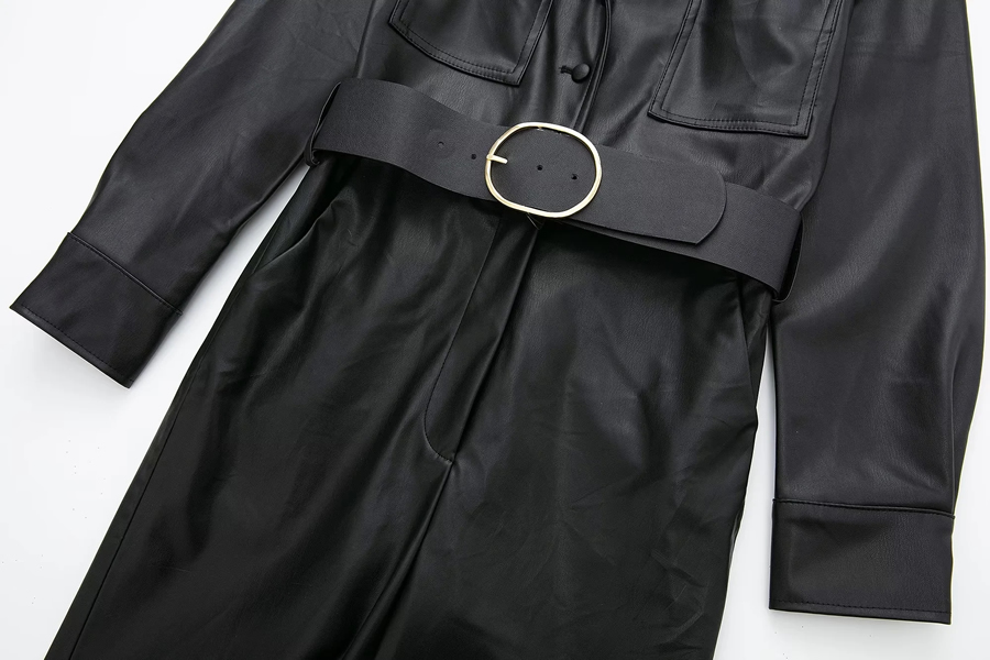 Fashion Black Pu Lapel Belt Jumpsuit,Tank Tops & Camis