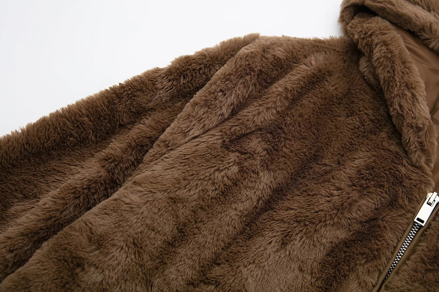 Fashion Brown Faux Fur Hooded Zipped Jacket,Coat-Jacket