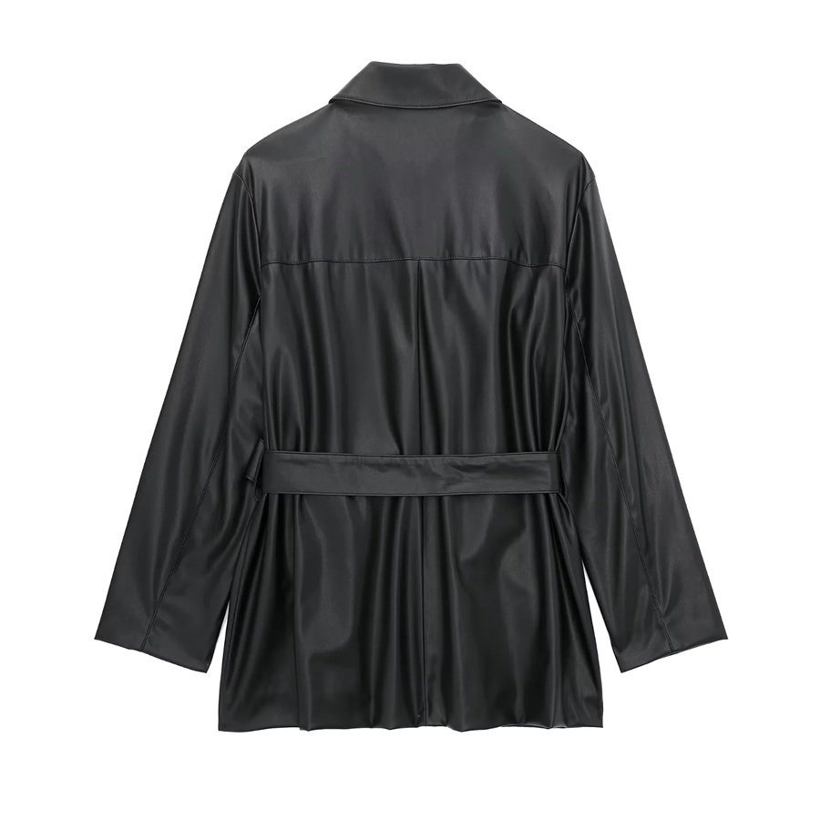Fashion Black Pu Lapel-breasted Tie Coat,Coat-Jacket