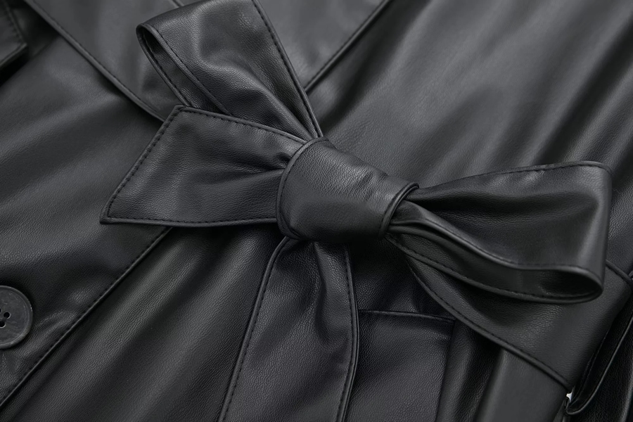 Fashion Black Pu Lapel-breasted Tie Coat,Coat-Jacket