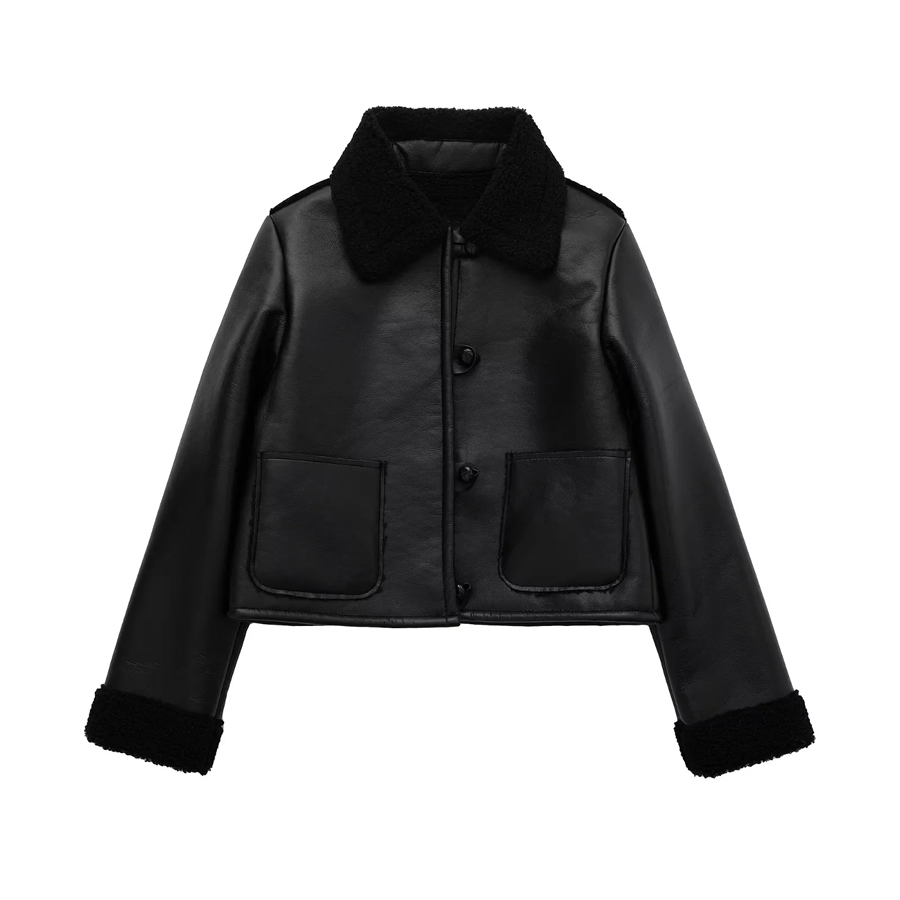 Fashion Black Fur Lapel Collar Button Down Jacket,Coat-Jacket