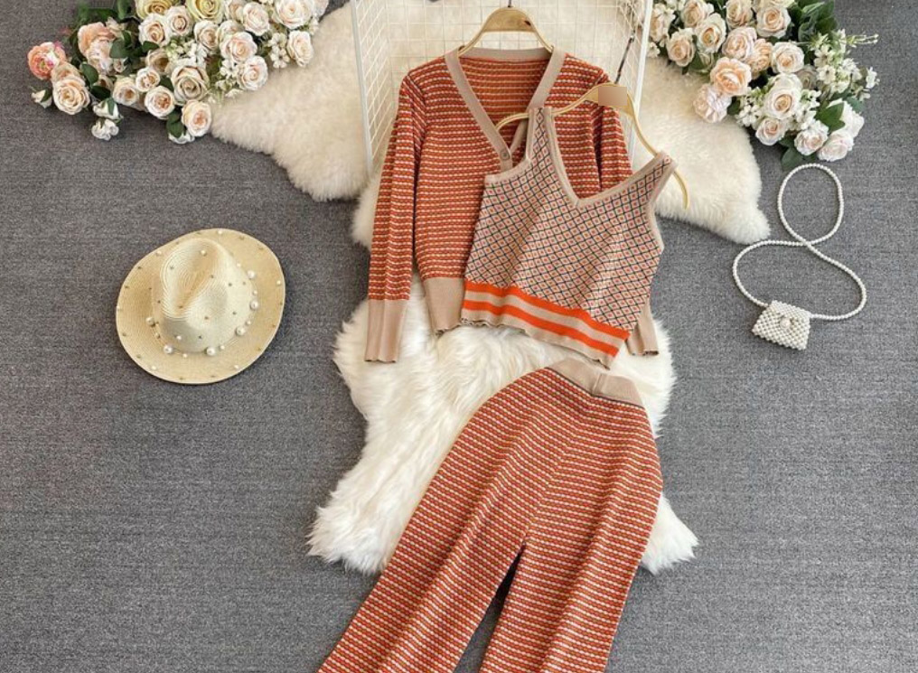 Fashion Coral Knitted Set Vest Jacket Small Pine Pants Set,Suits