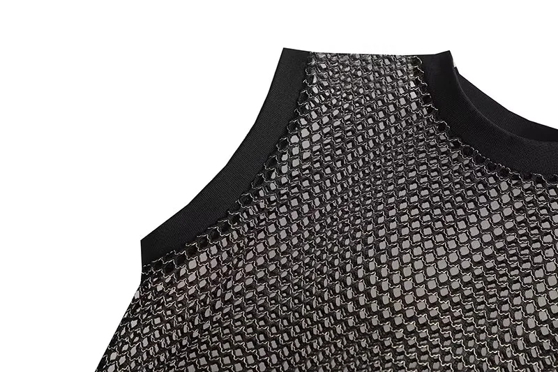 Fashion Black Polyester Sheer Crew Neck Sleeveless Top,Tank Tops & Camis