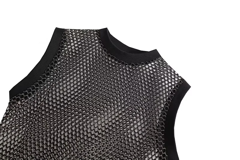 Fashion Black Polyester Sheer Crew Neck Sleeveless Top,Tank Tops & Camis
