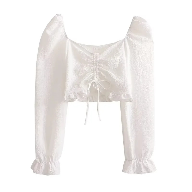 Fashion White Polyester Puff Sleeve Drawstring Cropped Top,Blouses