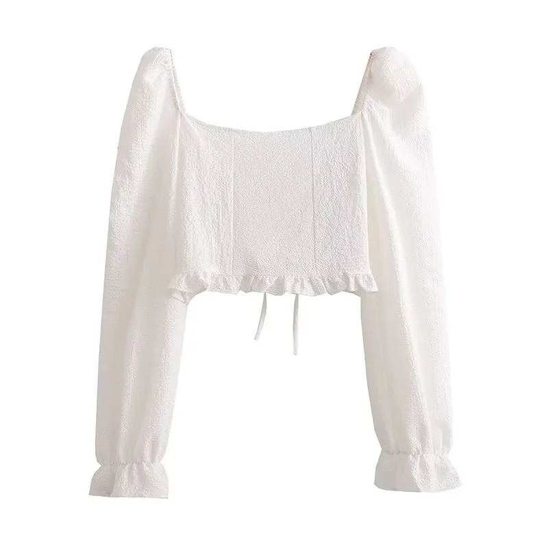 Fashion White Polyester Puff Sleeve Drawstring Cropped Top,Blouses