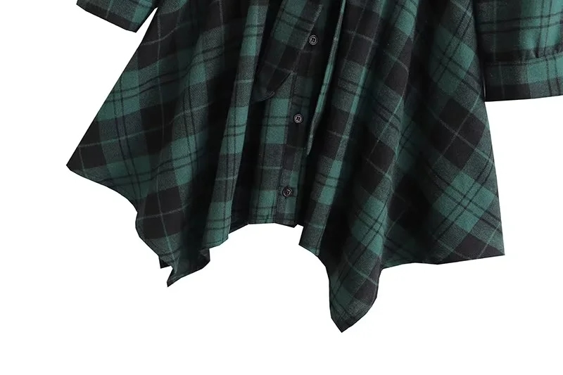 Fashion Green Black Grid Polyester Check Lapel Collar Button-up Tie Dress,Mini & Short Dresses