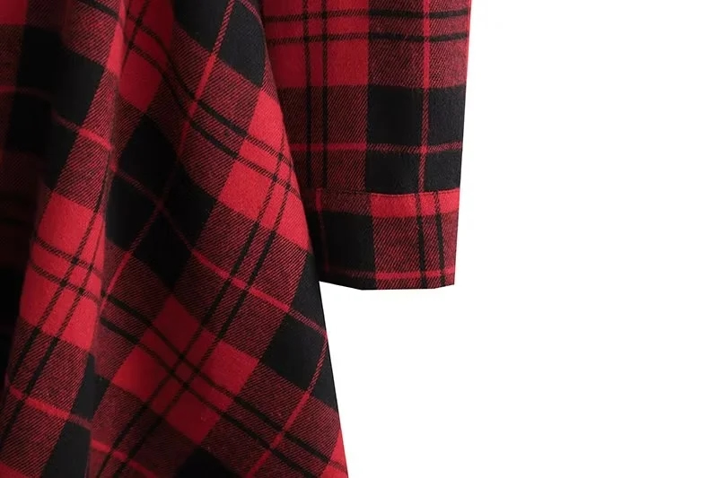 Fashion Red Black Grid Polyester Check Lapel Collar Button-up Tie Dress,Mini & Short Dresses