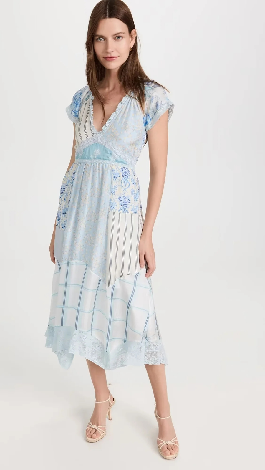 Fashion Blue Polyester Printed V-neck Dress,Long Dress