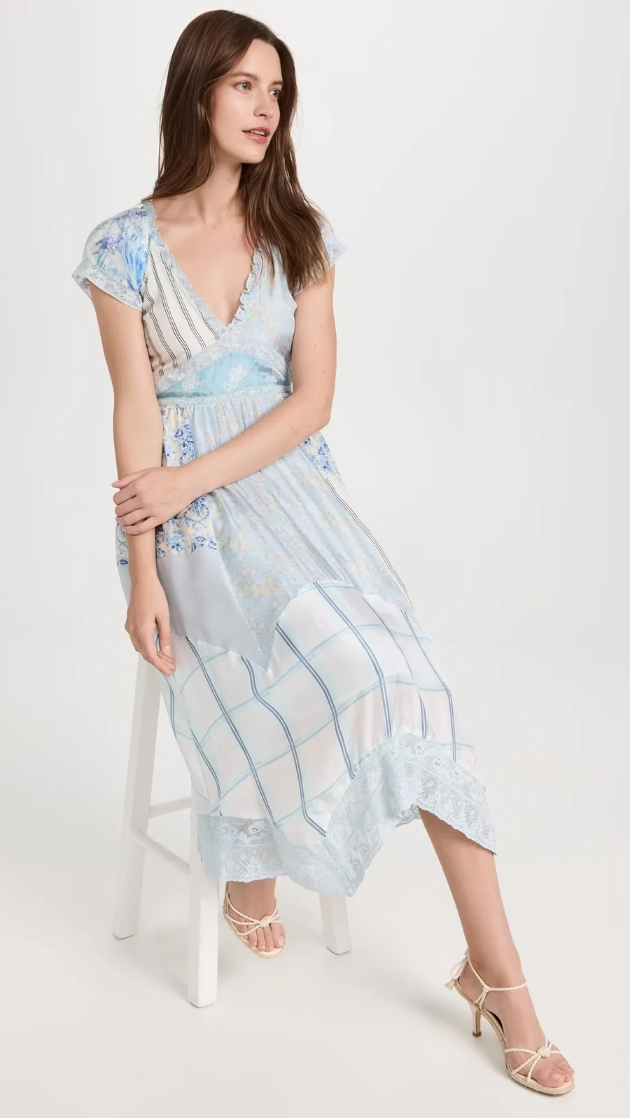 Fashion Blue Polyester Printed V-neck Dress,Long Dress