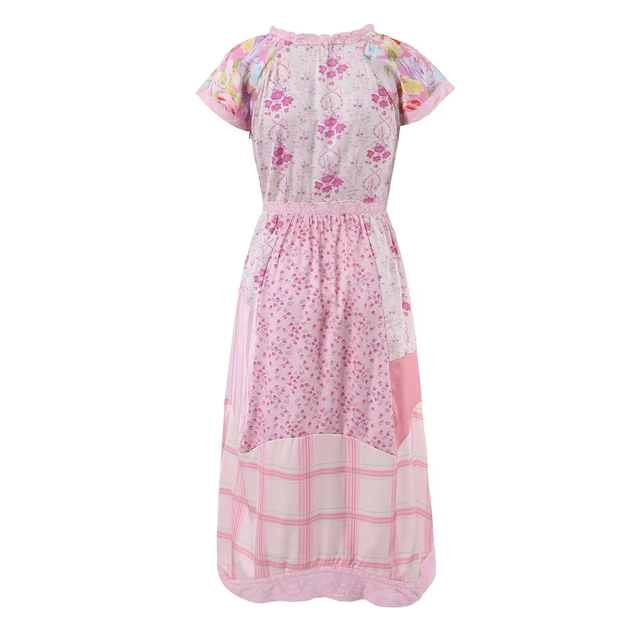 Fashion Pink Polyester Printed V-neck Dress,Long Dress