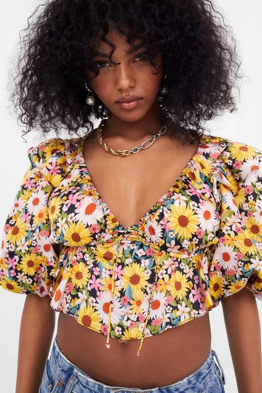 Fashion Yellow Polyester Printed V-neck Puff Sleeve Cropped Top,Blouses