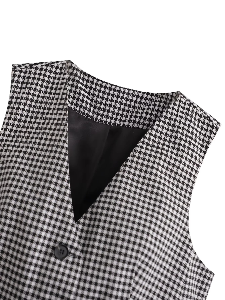 Fashion Black And White Polyester Check Button Breasted Vest,Coat-Jacket