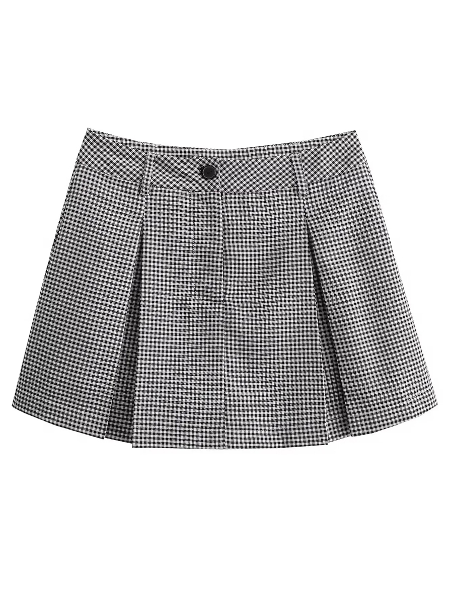 Fashion Black And White Polyester Check Pleated Skirt,Skirts