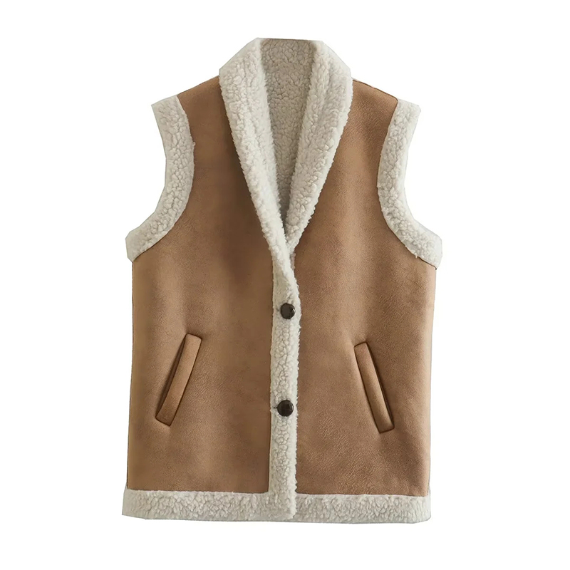 Fashion Coffee Color Suede Breasted Vest Jacket  Polyester,Coat-Jacket
