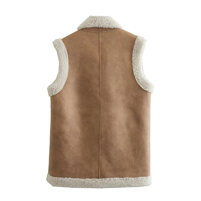 Fashion Coffee Color Suede Breasted Vest Jacket  Polyester,Coat-Jacket
