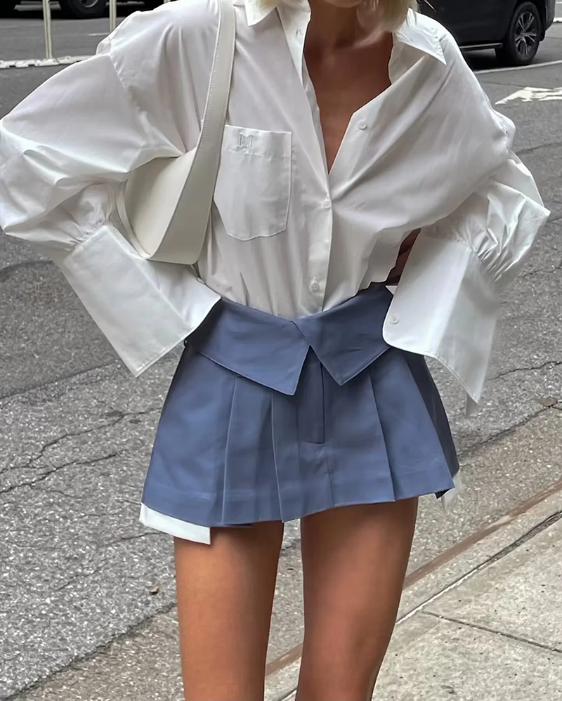 Fashion Khaki Turn-up Wide Pleated Skirt  Polyester,Skirts